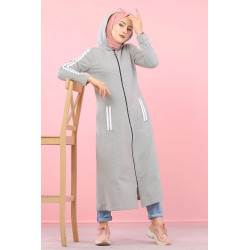 Cardigan long à capuche - Robe zippée style sport pour femme musulmane - Couleur Gris...