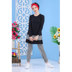 Ensemble à rayures 2 pièces (pantalon et tunique) noir et blanc