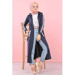 Long hooded cardigan casual style and sportswear - Zipped dress for veiled women - Navy...