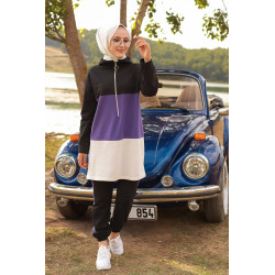 Ensemble survêtement tricolore pour femme : tunique zippée à capuche et pantalon -...