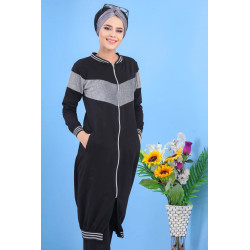 Long zipped sweatshirt cardigan - Long sportswear for women - Black color