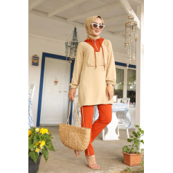 Ensemble casual tunique à capuche et pantalon (Modest Fashion) - Couleur beige et brique