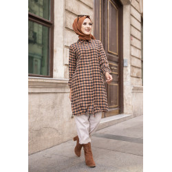 Chemise longue pour femme (Mode islam pas cher) - Tunique à carreaux bleu marine et camel