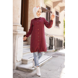 Chemise longue pour femme (Mode islamique) - Tunique à carreaux rouge et bleu marine