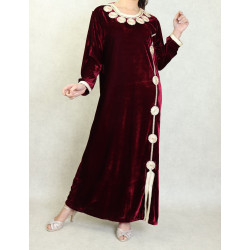 Long Algerian oriental dress in embroidered and beaded velvet for women - Color Bordeaux