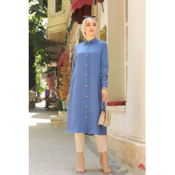 Chemise longue boutonnée nouvelle saison (Vêtement ample pour femme) - Couleur bleu indigo