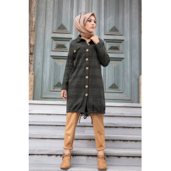 Chemise-Tunique boutonnée à carreaux pour femme (Vêtement Chaud Automne Hiver) -...