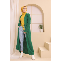 Gilet long en maille - Cardigan femme - Couleur vert émeraude