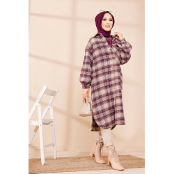 Surchemise longue et ample à carreaux (Mode pudique Mouslima) - Couleur prune
