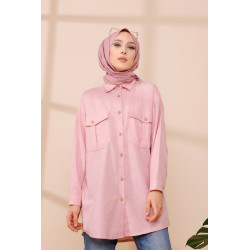 Tunique-Chemise casual pour femme avec deux grandes poches - Couleur rose poudré