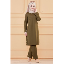 Ensemble tunique à boutons et pantalon assorti pour femme (Vetement mastour pour hijab)...