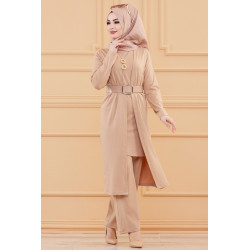 Ensemble 5 pièces assorties (Tunique, Pantalon, Veste, Ceinture, Collier) - Couleur beige