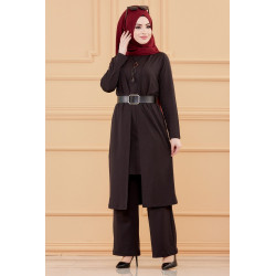 Ensemble 5 pièces assorties (Tunique, Pantalon, Veste, Ceinture, Collier) - Couleur noir