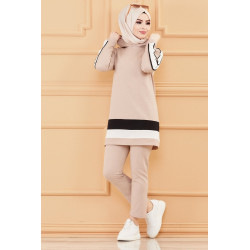 Women's casual set: Hooded tunic and Pants (Muslim Sport Clothing) - Beige Color