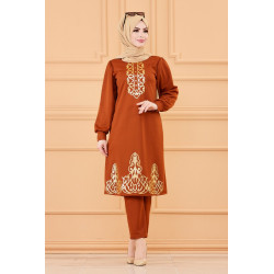 Ensemble femme : Tunique à motifs dorés et pantalon (Tenue orientale pour hijab) -...