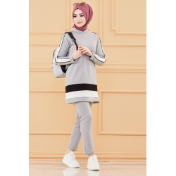 Women's Overwear Set: Hooded Tone and Hijab (Hijab Sports) - Light Grey Color