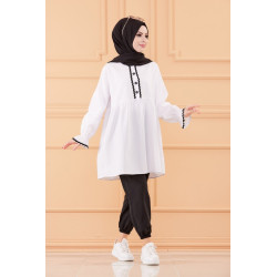 Ensemble femme (Tunique ample et pantalon) - Tenue Hijab - Couleur noir et blanc