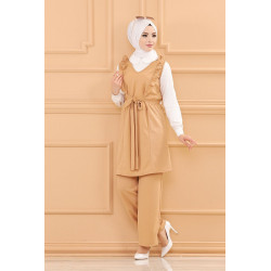 Set dressed two tunic pieces and pants (Hijab chic) - Beige color