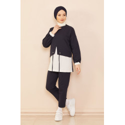 Ensemble décontracté tunique et pantalon pour femme - Couleur blanc et bleu marine
