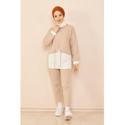 Ensemble décontracté tunique et pantalon pour femme (Nouveauté) - Couleur blanc et beige