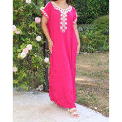 Robe d'intérieur brodée manches courtes pour femme - Couleur fuchsia