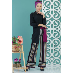 Chic women's pants in black, beige and purple stripes with purple belt