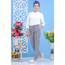 Checkered pants with pleats for women - Color Blue