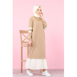 Robe longue moderne bi-couleur pour femme voilée (Robes Hijab pas cher) - Couleur Beige...
