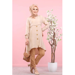 Wide buttoned elegant tunic (Hijab Outfit - Mastour for veiled woman) - Beige Color
