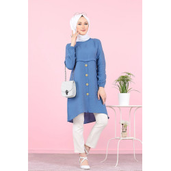Tunique ample évasée boutonnée pour femme (Tenue Mastoura pour Hijab) - Couleur Bleu...