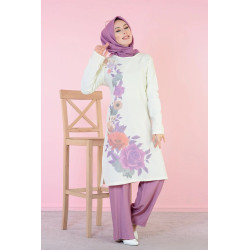 Tunique longue imprimée grandes fleurs mauves (Vetement hijab en ligne)