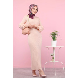 Women's knitted long dress (Muslim Fashion - Autumn Winter 2021) - Powder pink colour