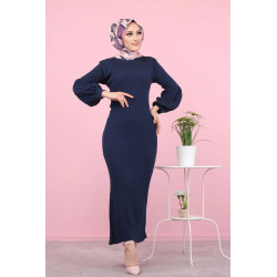 Robe longue tricotée pour femme (Modest Fashion - Automne Hiver) - Couleur bleue marine