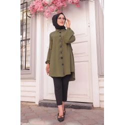 Tunic-Shirt full ruffled with big buttons for women (Clothing Mastour Hijab) - Khaki color