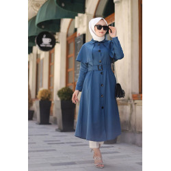 Robe mi longue style Trench (Vêtement hijab) pour femme voilée) - Couleur bleu pétrole