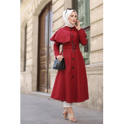 Robe mi longue style Trench (Vêtement hijab) pour femme voilée) - Couleur bordeaux