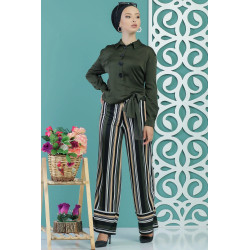 Women's white, black, beige and khaki striped trousers with khaki belt