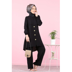 Tunique ample évasée boutonnée pour femme (Mode islamique) - Couleur noire