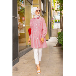Loose shirt with burgundy stripes (Modest Fashion) - Pink color