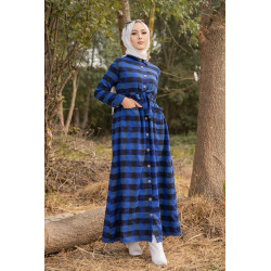 Robe chemise longue à carreaux avec ceinture assortie pour femme - Couleur Bleu roi et...