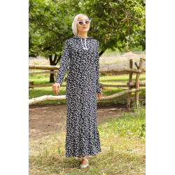 Robe longue à capuche finition volante à motifs feuilles nénuphar - Couleur bleu marine