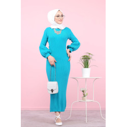 Women's knitted long dress - Turquoise blue