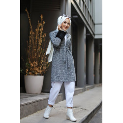 Gilet long avec capuche et manches à fourrure - Couleur gris