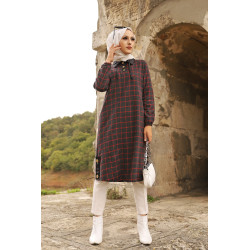 Long stripe tunic (Hijab) - Ananthracite and red colour