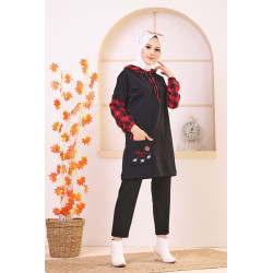 Bicolour embroidered with hood for women (Modern Hijab-New Style 2022) - Black and red...