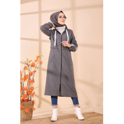 Gilet long avec capuche pour femme musulmane - Couleur gris foncé