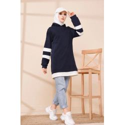 Tunique décontractée avec capuche (Sweat long pour femme voilée) - Couleur bleu nuit...