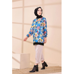 Veste Tunique avec motifs fleurs pour femme - Couleur bleu
