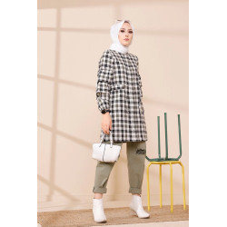 Veste-Tunique à carreaux (Tenue Hijab Hiver) - Couleur blanc et kaki