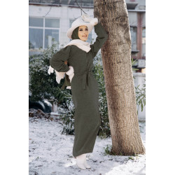 Robe tissu polaire avec ceinture (Vêtement Hijab Saison Automne-Hiver) - Couleur kaki